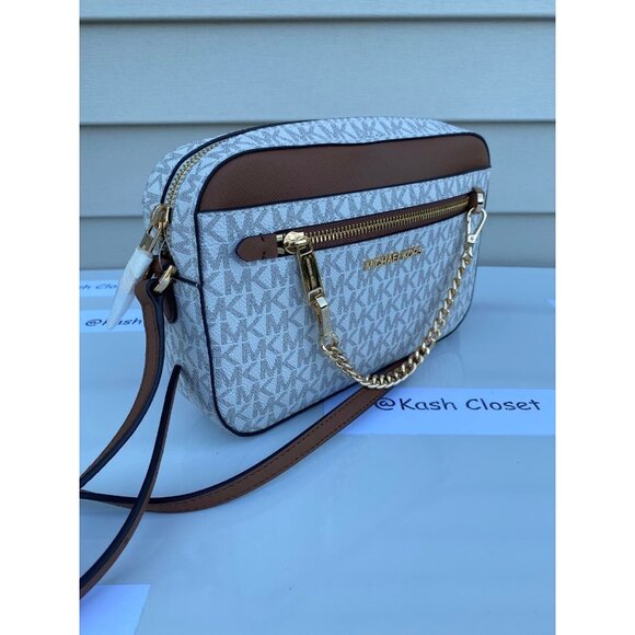 Michael Kors crossbody bag large chain zip purse Jet set MK Signature Vanilla - Picture 2 of 10